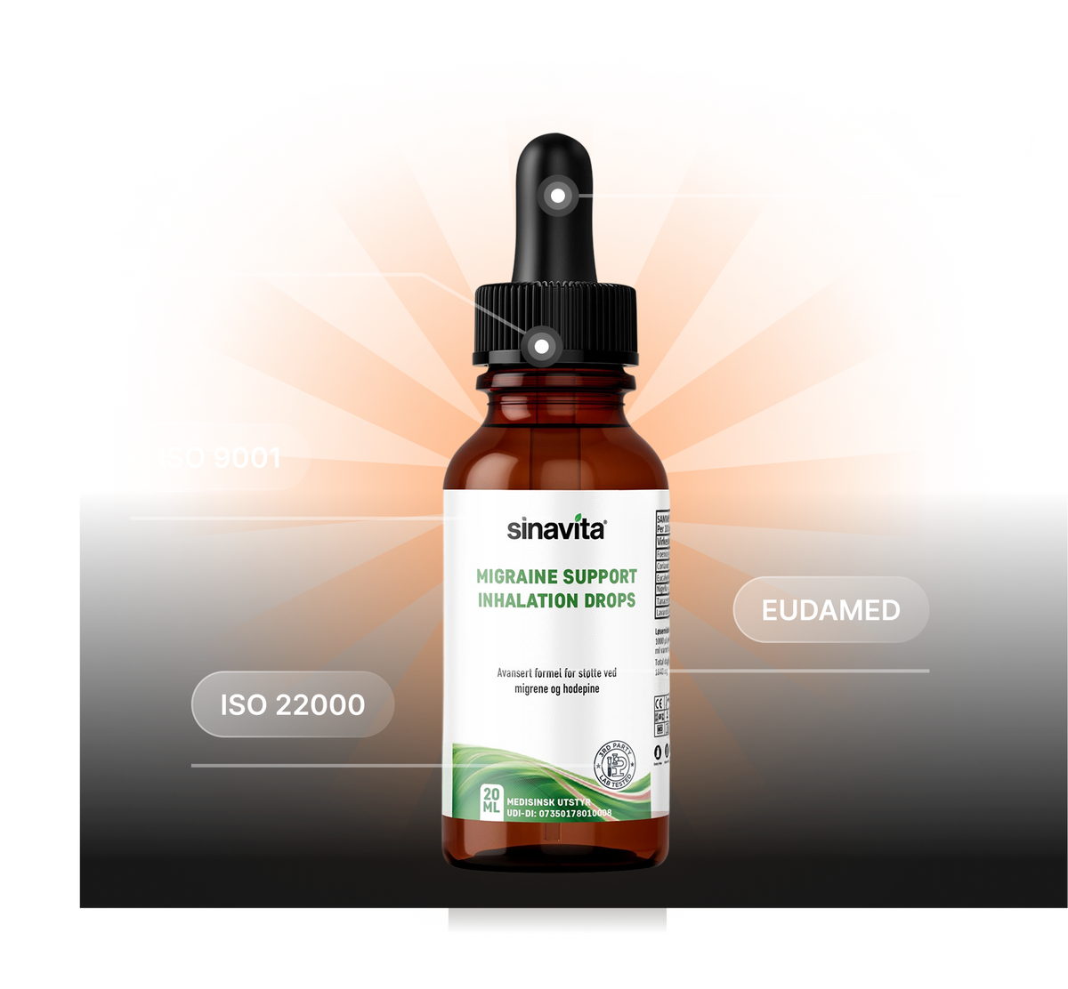 SinaVita product bottle with certification callouts